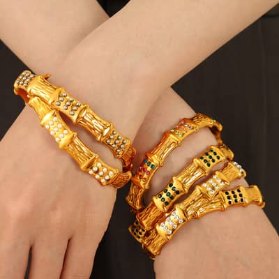 Zircon Bamboo Stainless Steel Open Bracelet, 18K PVD Coated detail 1