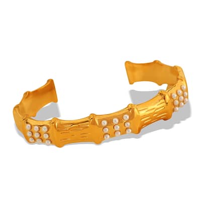 Zircon Bamboo Stainless Steel Open Bracelet, 18K PVD Coated detail 2