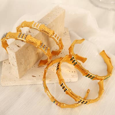 Zircon Bamboo Stainless Steel Open Bracelet, 18K PVD Coated detail 4