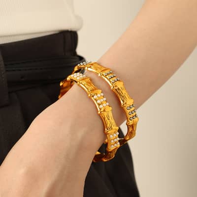 Zircon Bamboo Stainless Steel Open Bracelet, 18K PVD Coated detail 5