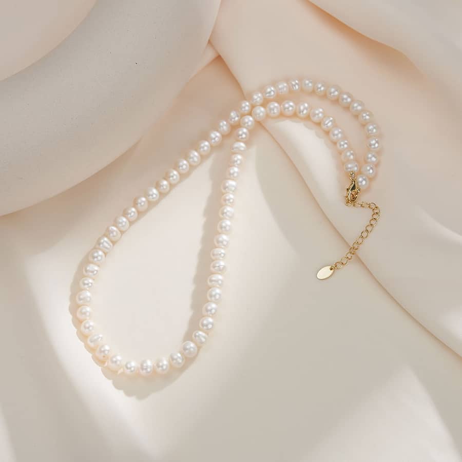 5-6mm French Freshwater Pearl Choker Necklace 14K Gold Plated 925 Sterling Silver Beaded - main