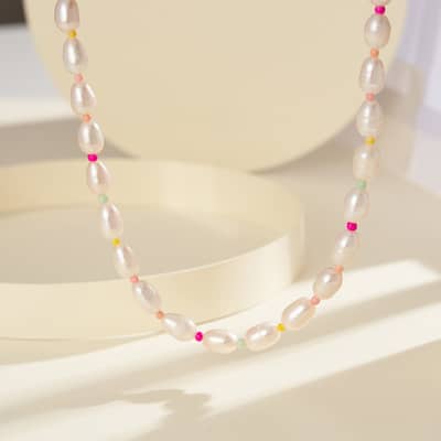 Waterproof Natural Freshwater Oval Pearl Necklace 925 Sterling Silver Beaded detail 2