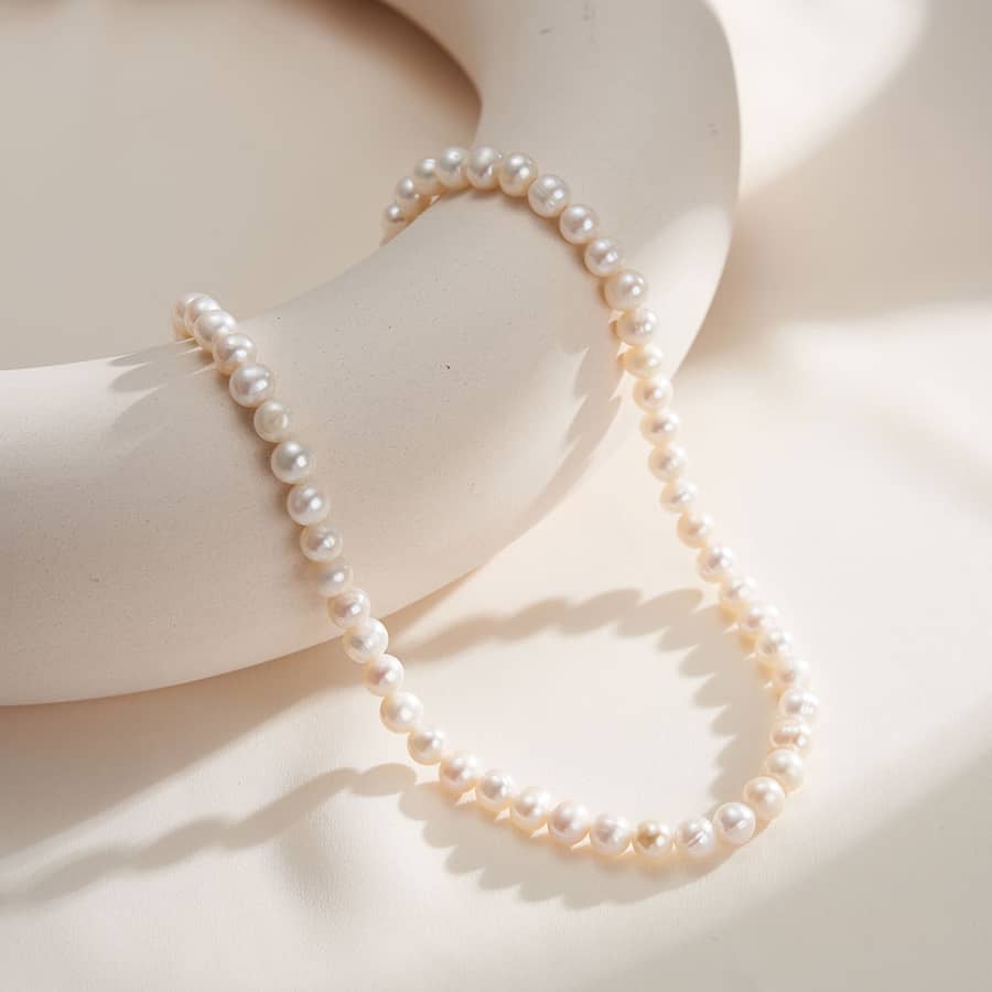 Vintage White Baroque Freshwater Pearl Beaded Necklace, 925 Sterling Silver & 14K Gold Plated - main