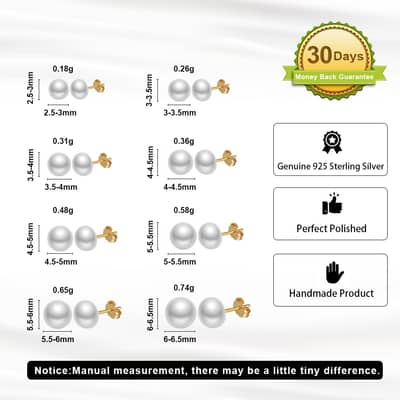 925 Silver Pearl Earrings 2.5-6.5mm Freshwater Pearl Stud Earrings Gold Plated detail 6
