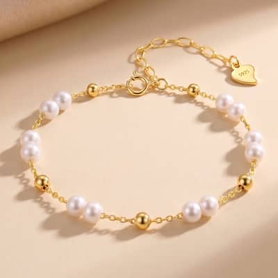 14K Gold Plated Beads with Freshwater Pearl Adjustable Link Chain Bracelet detail 1