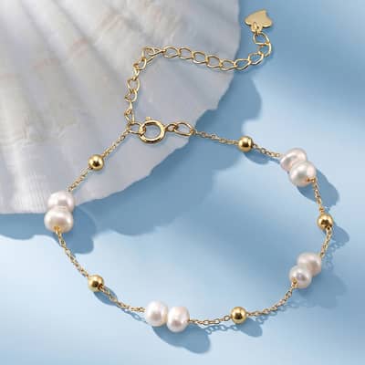14K Gold Plated Beads with Freshwater Pearl Adjustable Link Chain Bracelet detail 2