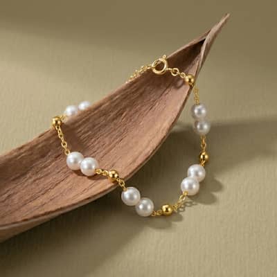 14K Gold Plated Beads with Freshwater Pearl Adjustable Link Chain Bracelet detail 3