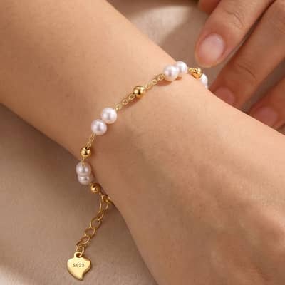 14K Gold Plated Beads with Freshwater Pearl Adjustable Link Chain Bracelet detail 4