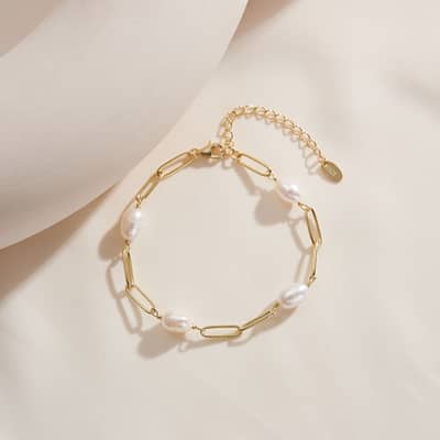 14K Gold Vermeil Plated 925 Silver Paperclip Chain Bracelet with Real White Freshwater Pearl detail 1