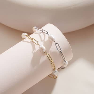 14K Gold Vermeil Plated 925 Silver Paperclip Chain Bracelet with Real White Freshwater Pearl detail 2