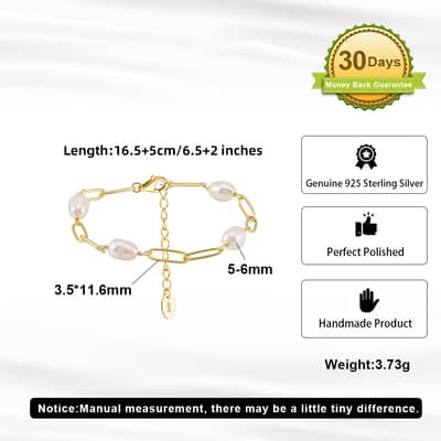 14K Gold Vermeil Plated 925 Silver Paperclip Chain Bracelet with Real White Freshwater Pearl detail 5