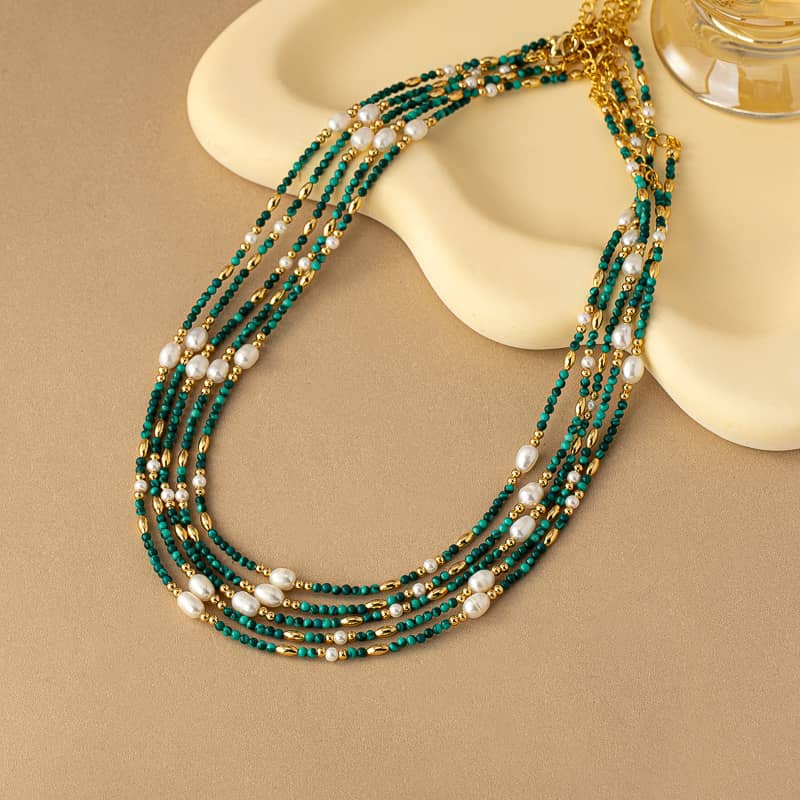 Natural Stone Beaded Necklace Waterproof Titanium Steel Bead Freshwater Pearl Gift - main