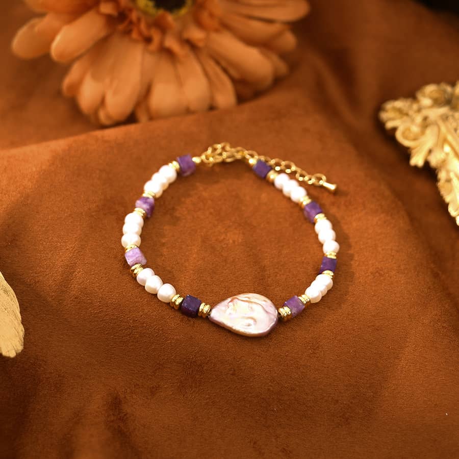 Natural Freshwater Pearl Purple Stone Titanium Steel Bracelet - main