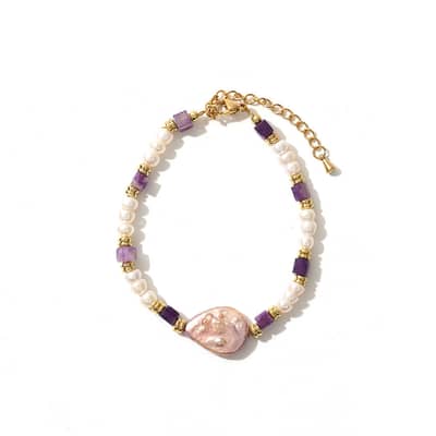 Natural Freshwater Pearl Purple Stone Titanium Steel Bracelet detail 2