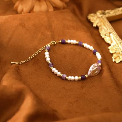 Natural Freshwater Pearl Purple Stone Titanium Steel Bracelet detail 3