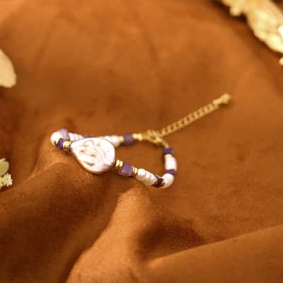 Natural Freshwater Pearl Purple Stone Titanium Steel Bracelet detail 4