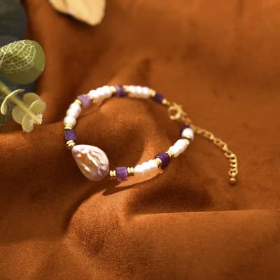 Natural Freshwater Pearl Purple Stone Titanium Steel Bracelet detail 5