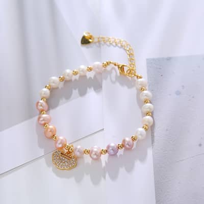 Natural Freshwater Pearl Titanium Steel Bracelet with Zircon Pendant detail 2