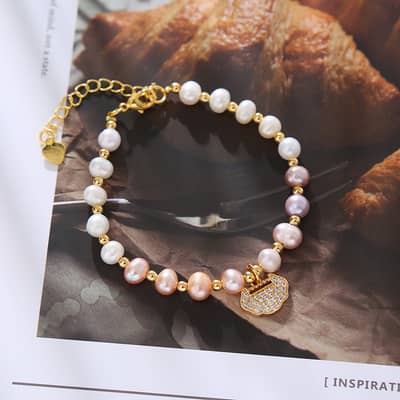 Natural Freshwater Pearl Titanium Steel Bracelet with Zircon Pendant detail 3
