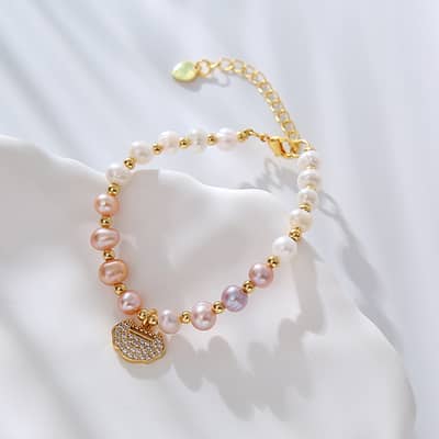 Natural Freshwater Pearl Titanium Steel Bracelet with Zircon Pendant detail 4