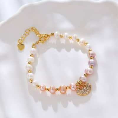 Natural Freshwater Pearl Titanium Steel Bracelet with Zircon Pendant detail 5