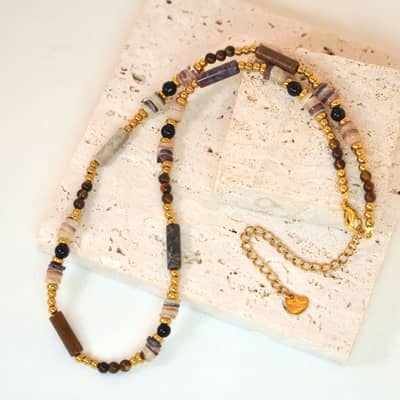 Beaded Necklace Natural Tiger Eye Waterproof Titanium Steel detail 1
