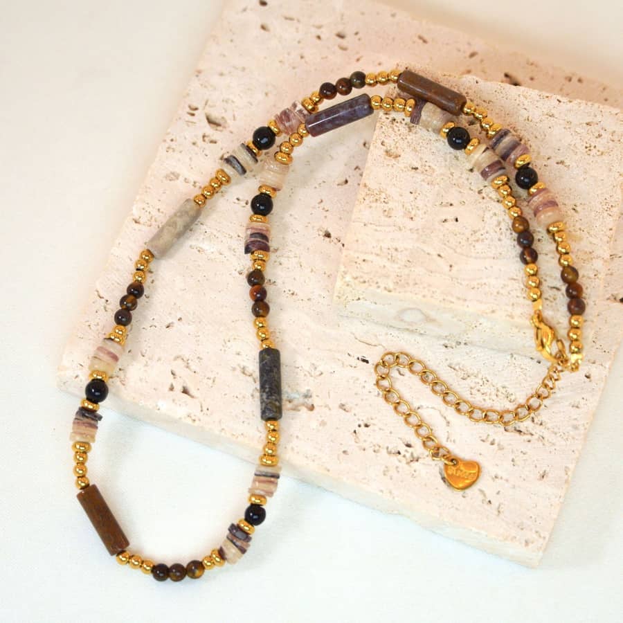 Beaded Necklace Natural Tiger Eye Waterproof Titanium Steel - main