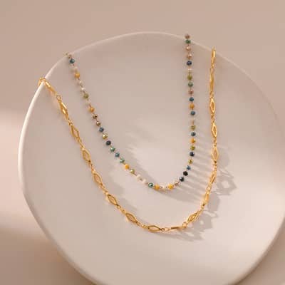 Beaded Necklace Colorful Crystal Brass 18K Gold Plated Chain detail 2