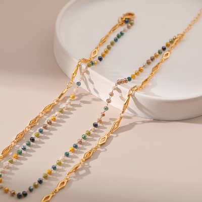 Beaded Necklace Colorful Crystal Brass 18K Gold Plated Chain detail 3