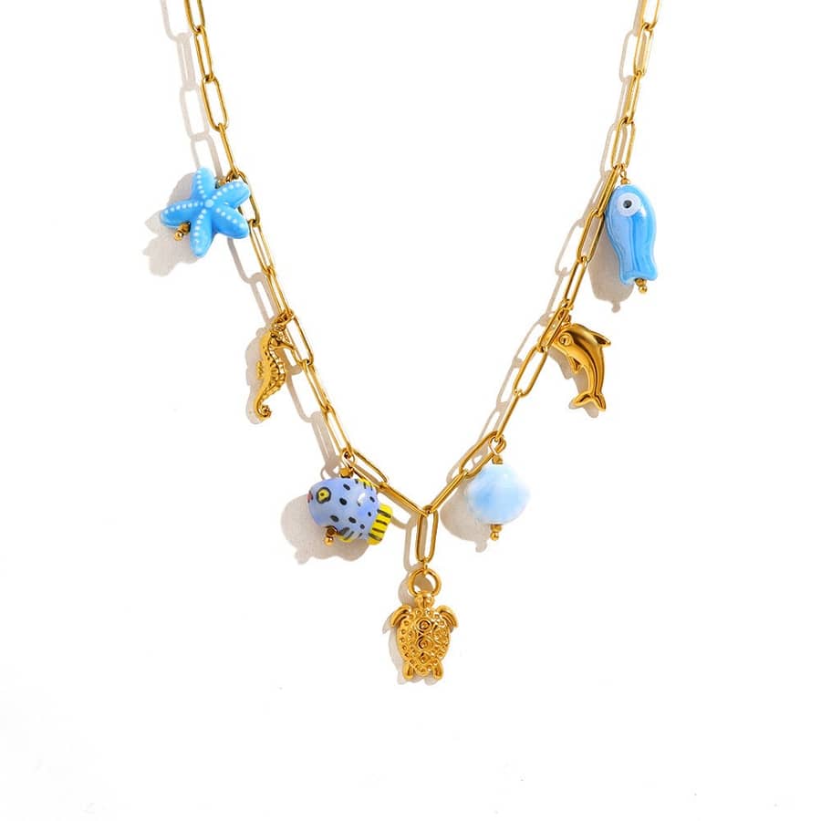 Ocean Series Charm Bar Necklace Waterproof 18K PVD Coated Stainless Steel Shell Fish Pendant - main