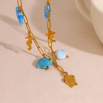 Ocean Series Charm Bar Necklace Waterproof 18K PVD Coated Stainless Steel Shell Fish Pendant detail 2