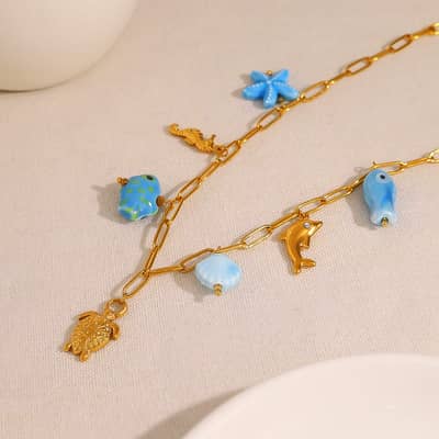 Ocean Series Charm Bar Necklace Waterproof 18K PVD Coated Stainless Steel Shell Fish Pendant detail 3