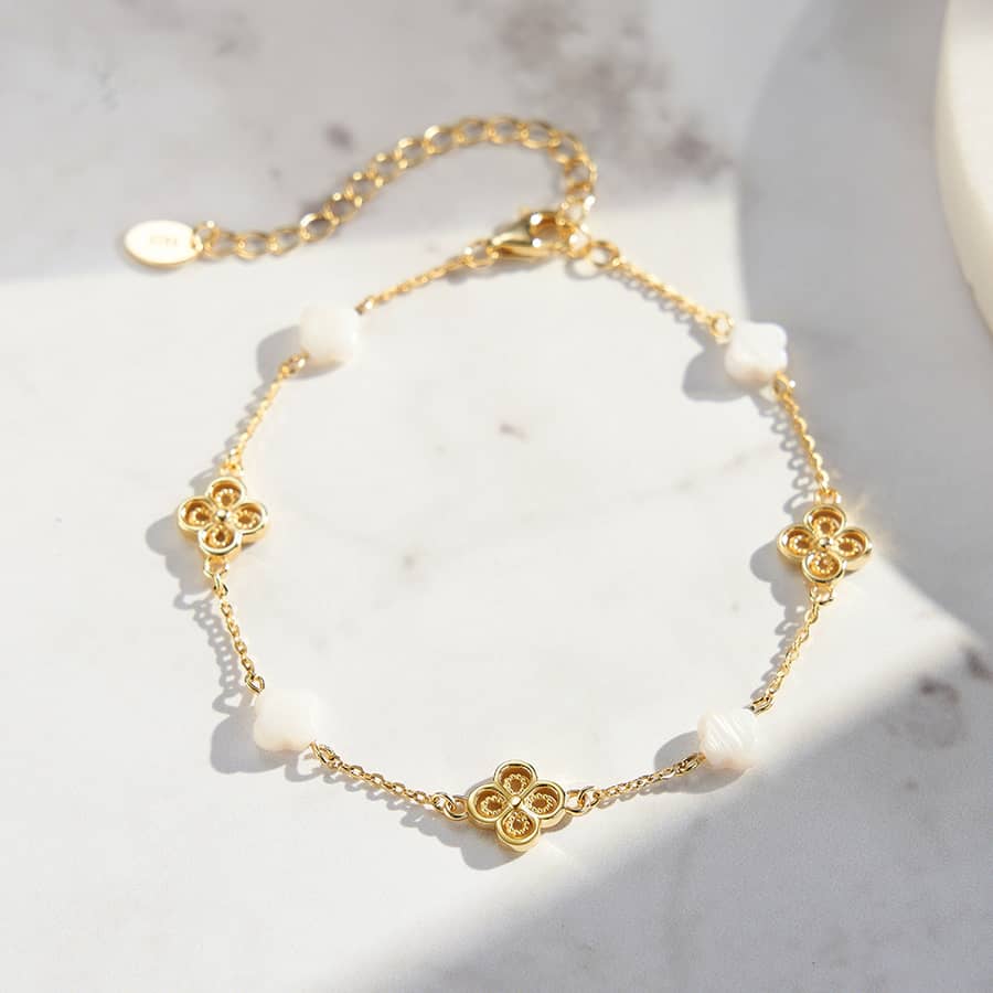 Four Leaf Clover Charm 925 Sterling Silver Shell Pearl Bracelet 14K Gold Plated - main