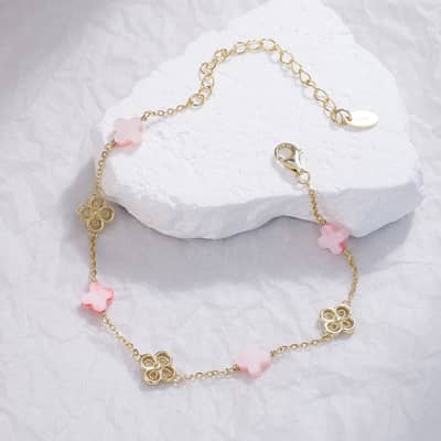 Four Leaf Clover Charm 925 Sterling Silver Shell Pearl Bracelet 14K Gold Plated detail 3
