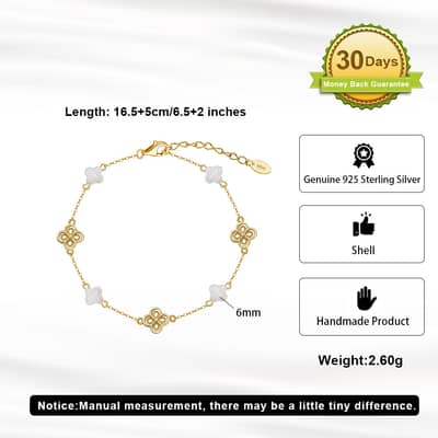Four Leaf Clover Charm 925 Sterling Silver Shell Pearl Bracelet 14K Gold Plated detail 5
