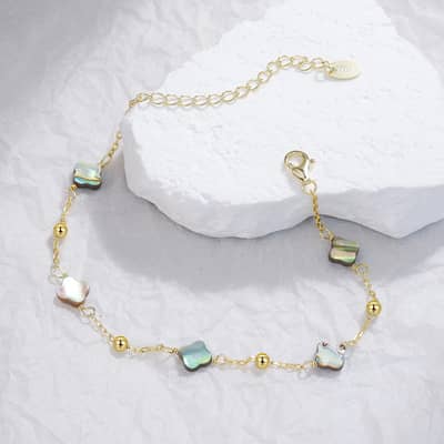 Bohemian 14K Gold Plated White Shell Four Leaf Clover Pearl Bracelet 925 Silver detail 2