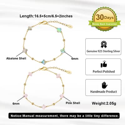 Bohemian 14K Gold Plated White Shell Four Leaf Clover Pearl Bracelet 925 Silver detail 4
