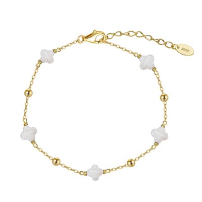925 Sterling Silver 14K Gold Plated Shell Pearl Four Leaf Clover Bracelet detail 1