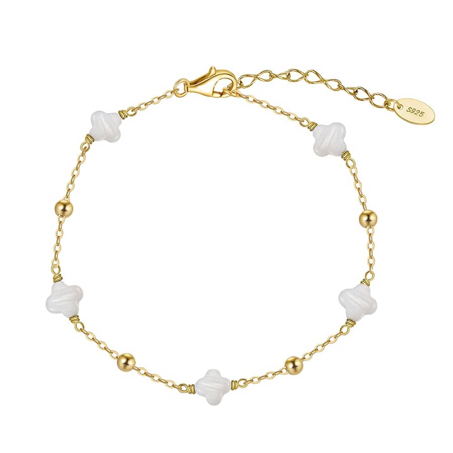 925 Sterling Silver 14K Gold Plated Shell Pearl Four Leaf Clover Bracelet - main