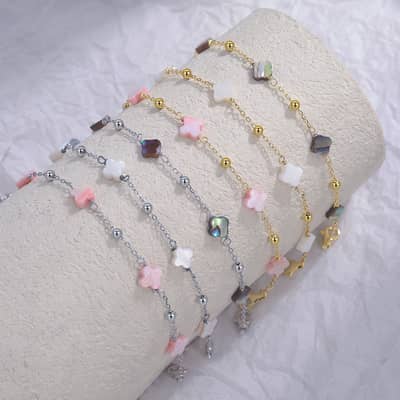925 Sterling Silver 14K Gold Plated Shell Pearl Four Leaf Clover Bracelet detail 2