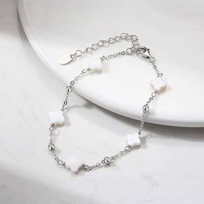 925 Sterling Silver 14K Gold Plated Shell Pearl Four Leaf Clover Bracelet detail 4