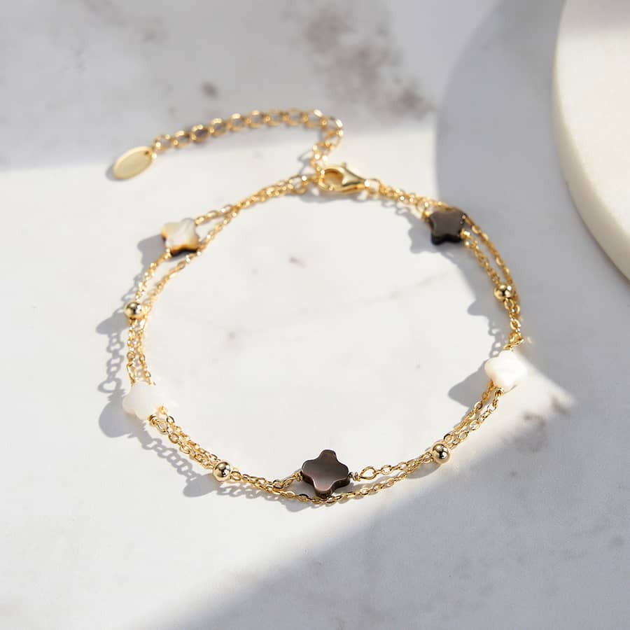 14K Gold Plated Four Leaf Clover Shell Pearl Bracelet 925 Sterling Silver Double Layer - main
