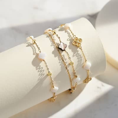 14K Gold Plated Four Leaf Clover Shell Pearl Bracelet 925 Sterling Silver Double Layer detail 2