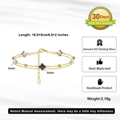 14K Gold Plated Four Leaf Clover Shell Pearl Bracelet 925 Sterling Silver Double Layer detail 5