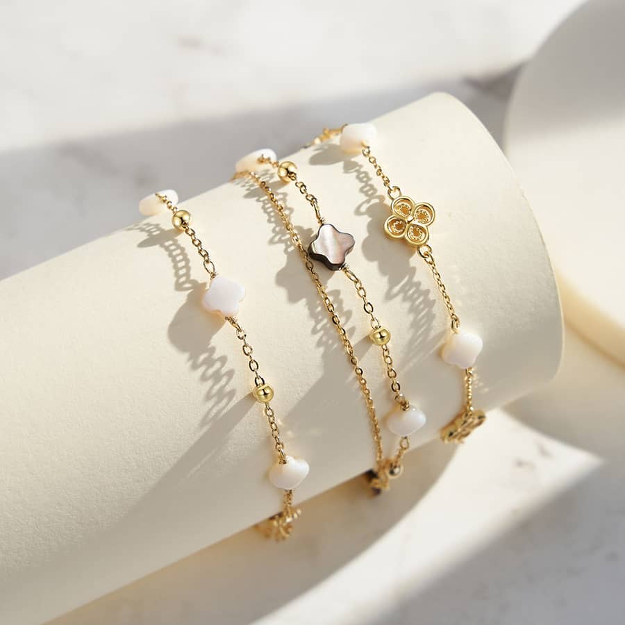 14K Gold Plated 925 Sterling Silver Lucky Bracelet Double Layer Four Leaf Clover Shell Pearl - main