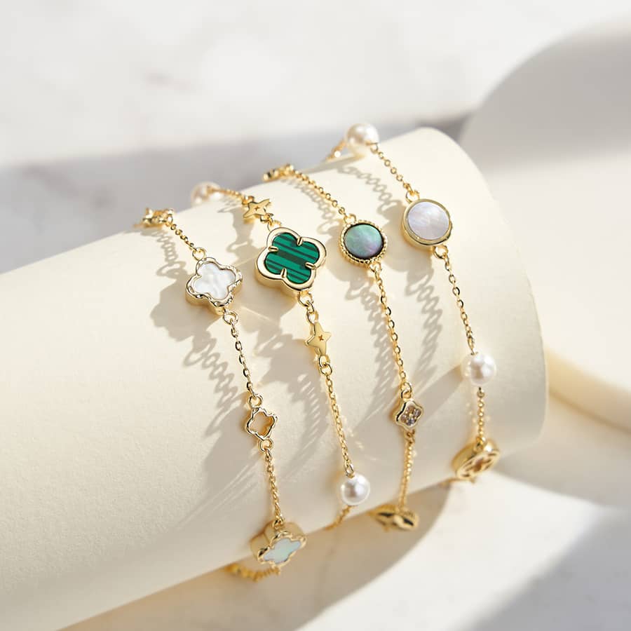 Lucky Clover Bracelet 14K Gold Plated 925 Sterling Silver Four Leaf Clover Pearl - main