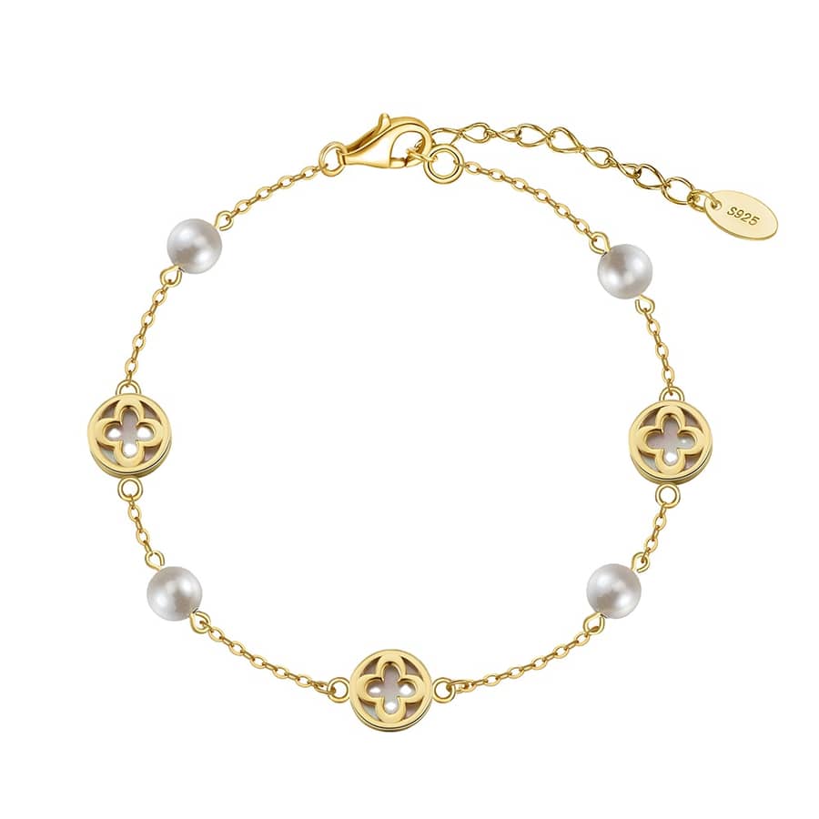 14K Gold Plated 925 Sterling Silver Four Leaf Clover Shell Pearl Bracelet - main