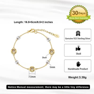 14K Gold Plated 925 Sterling Silver Four Leaf Clover Shell Pearl Bracelet detail 5
