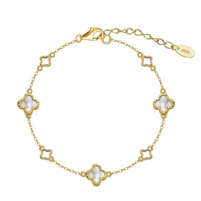 Gold Plated Four Leaf Clover Shell Pearl 925 Sterling Silver Charm Bracelet detail 1