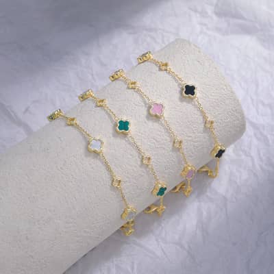 Gold Plated Four Leaf Clover Shell Pearl 925 Sterling Silver Charm Bracelet detail 4